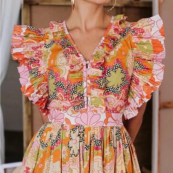 Celia B Floral Lirio Flutter Sleeve Floral Mini Dress Orange Pink Women’s M - Picture 3 of 11